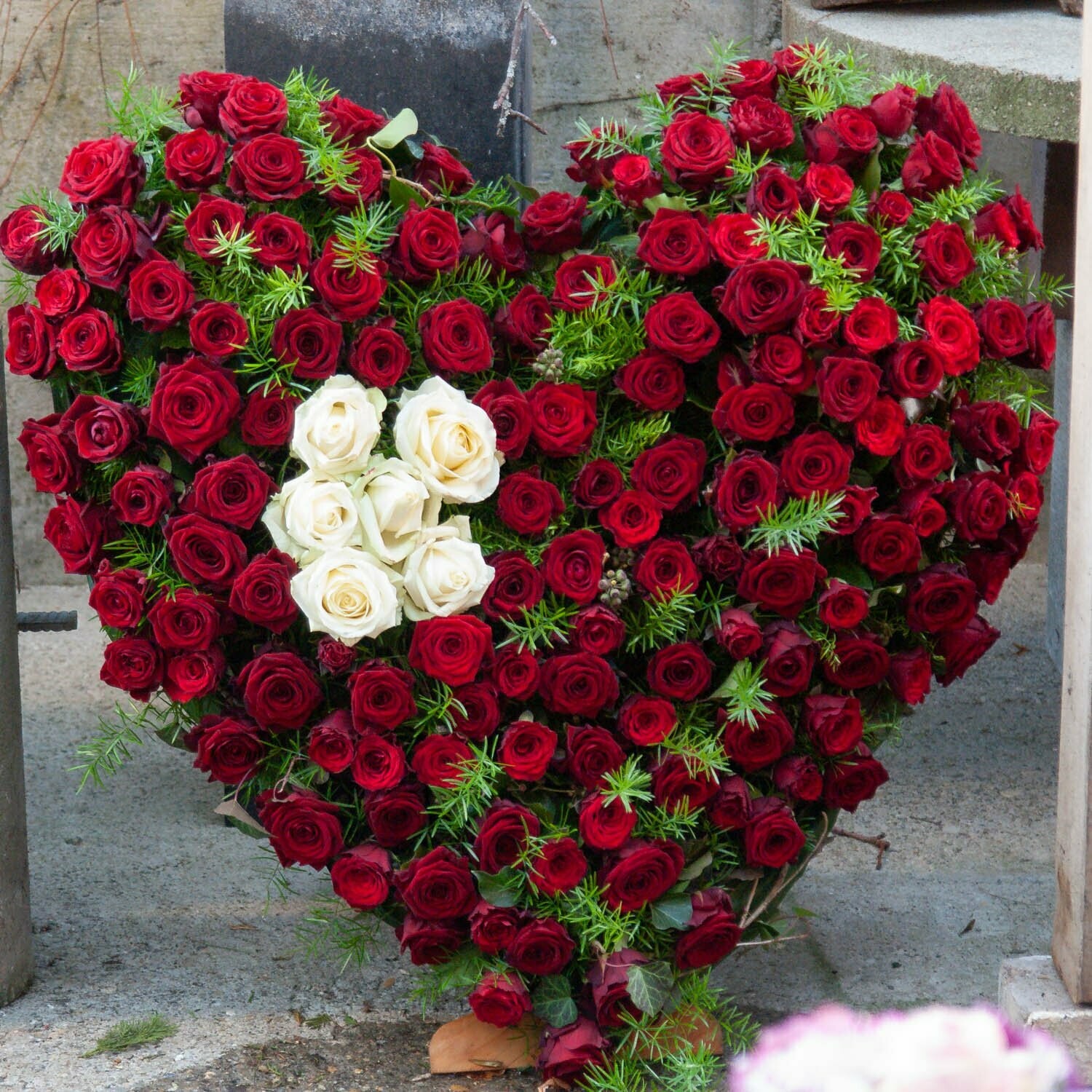 Trauer-Herz, mit roten Rosen + symbolische weiße Rosen, geschlossen, ca. 70 cm